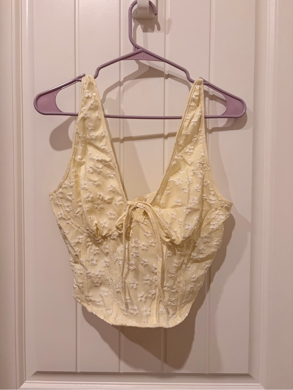 Beautiful Cider Pale Yellow Embroidered Tie-Front Crop Top corset